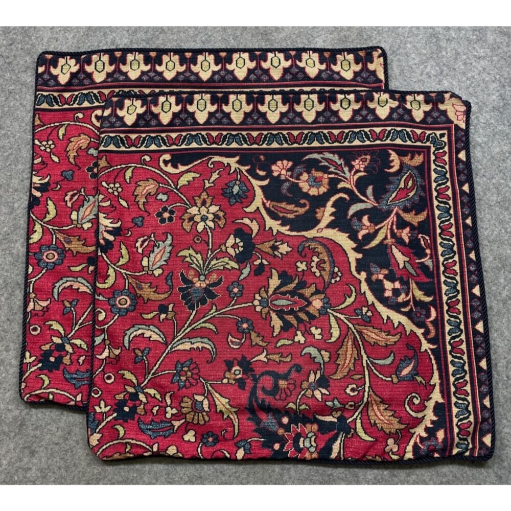 2 Ralph Lauren Poet's Society Rug Euro Pillow Shams Red Blue Cotton Tapestry